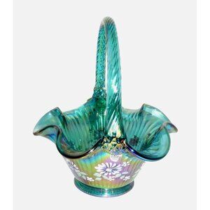 Fenton Handcrafted Iridescent Teal Glass Basket Hand-Painted Floral Twisted Hand